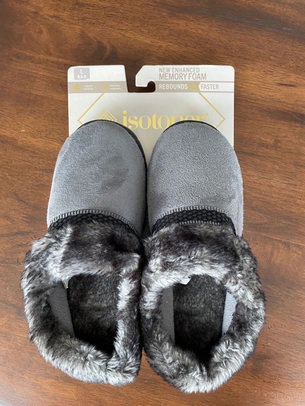 NEW Isotoner indoor/ outdoor Gray Faux Fur Lined Memory Foam Slip-Ons
